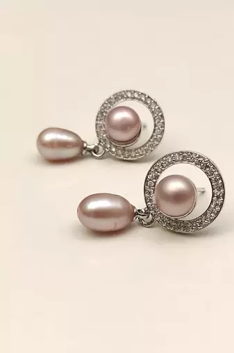 Certified natural freshwater pearls jewellery pink freshwater pearl drop earrings with cz halo circle