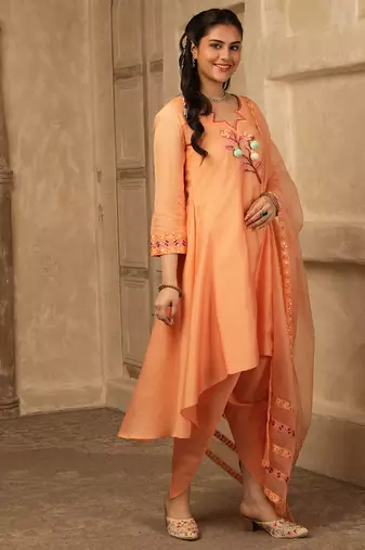 Amber peach hand embroidered  a line suit
