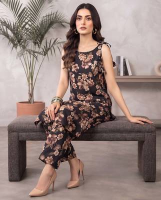 Black floral printed viscose rayon kurta set 4