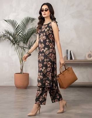 Black floral printed viscose rayon kurta set 5