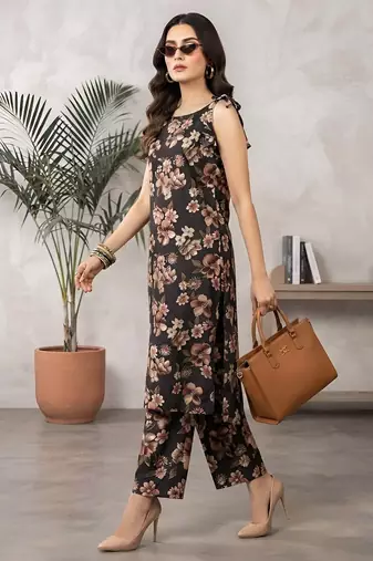 Black floral printed viscose rayon kurta set