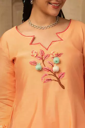 Amber peach hand embroidered  a line suit