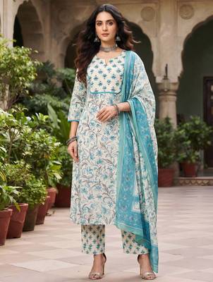 Turquoise floral printed cotton kurta set 1