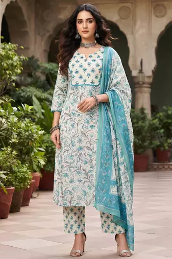 Turquoise floral printed cotton kurta set