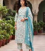 Turquoise floral printed cotton kurta set