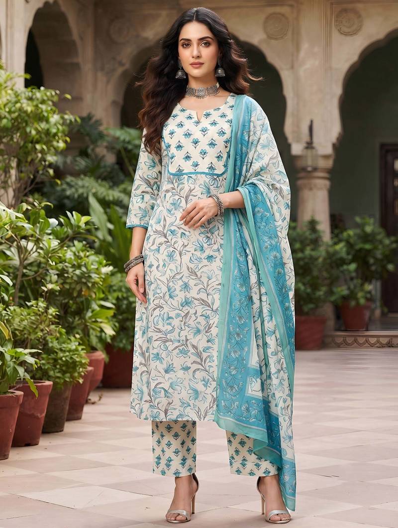 Turquoise floral printed cotton kurta set
