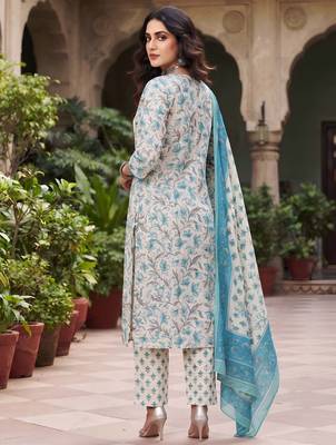 Turquoise floral printed cotton kurta set 2
