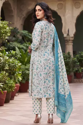 Turquoise floral printed cotton kurta set