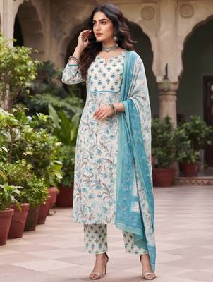 Turquoise floral printed cotton kurta set 3