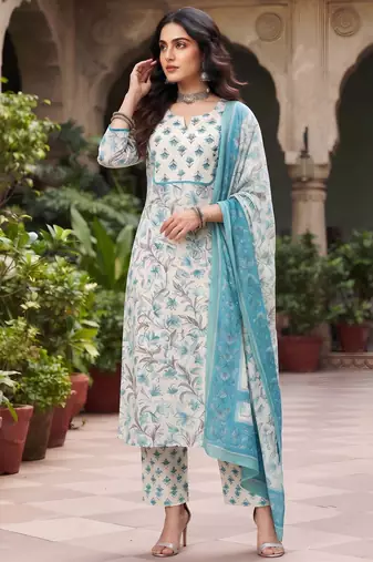 Turquoise floral printed cotton kurta set
