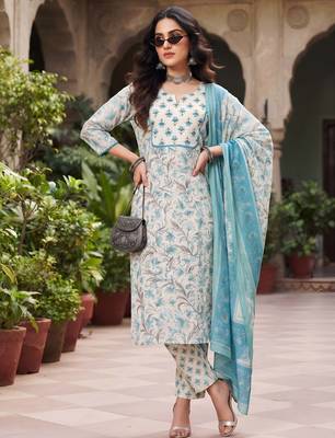 Turquoise floral printed cotton kurta set 4