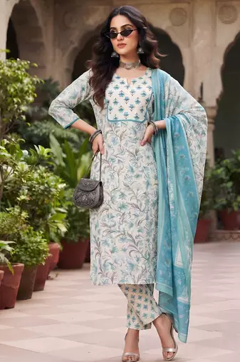 Turquoise floral printed cotton kurta set