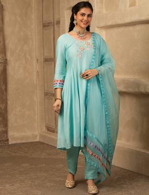 Sky blue hand embroidered  a line suit 1