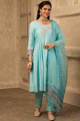 Sky blue hand embroidered  a line suit