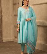 Sky blue hand embroidered  a line suit