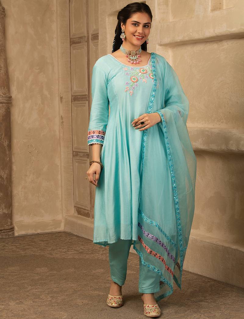 Sky blue hand embroidered  a line suit