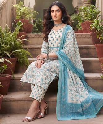 Turquoise floral printed cotton kurta set 5