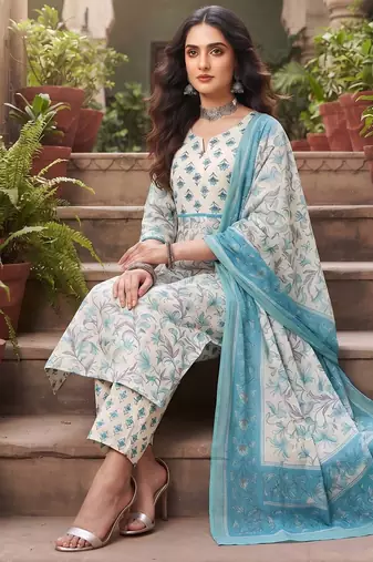 Turquoise floral printed cotton kurta set