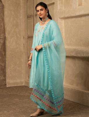 Sky blue hand embroidered  a line suit 2