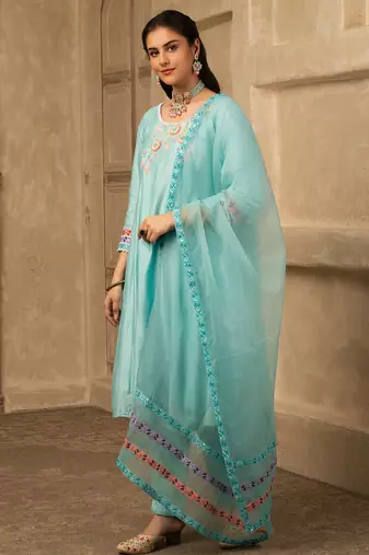 Sky blue hand embroidered  a line suit