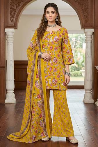 Yellow floral printed cotton kurta set