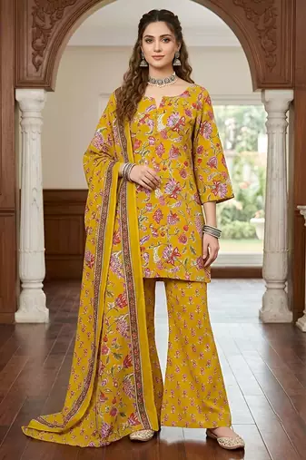 Yellow floral printed cotton kurta set