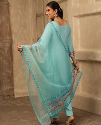 Sky blue hand embroidered  a line suit 3