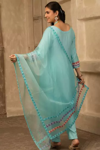 Sky blue hand embroidered  a line suit