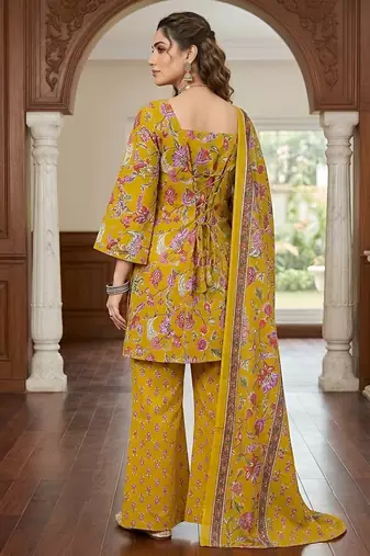 Yellow floral printed cotton kurta set