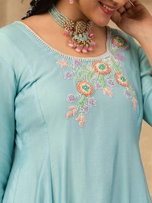 Sky blue hand embroidered  a line suit 4