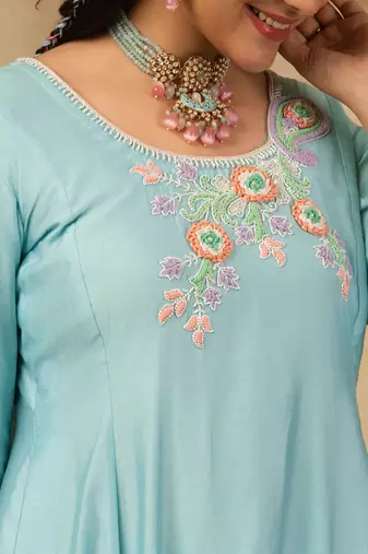 Sky blue hand embroidered  a line suit
