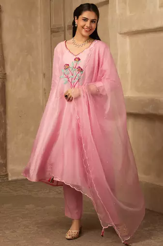 Pink hand embroidered  a line silk suit