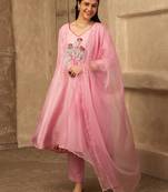 Pink hand embroidered  a line silk suit