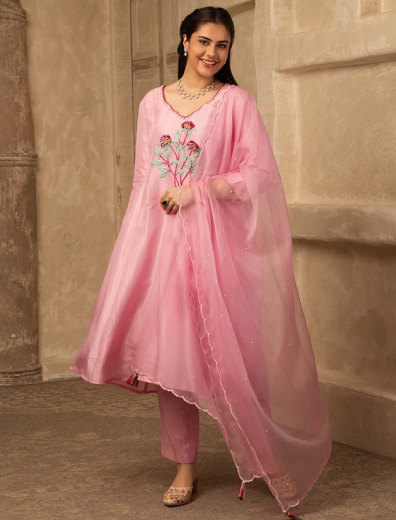 Pink hand embroidered  a line silk suit