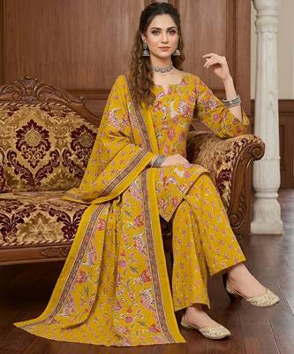 Yellow floral printed cotton kurta set 3
