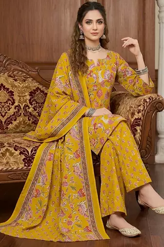 Yellow floral printed cotton kurta set