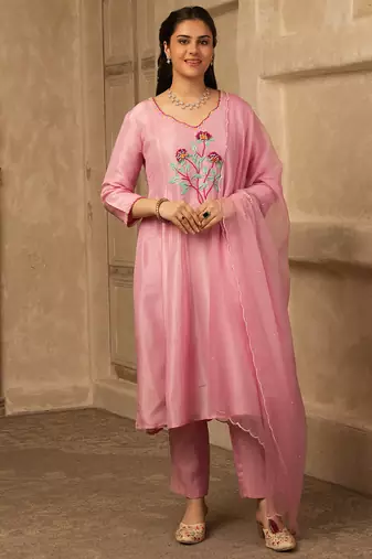 Pink hand embroidered  a line silk suit