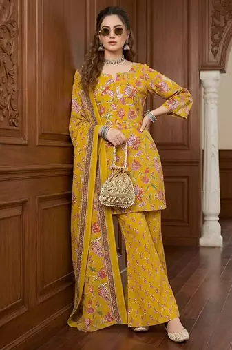 Yellow floral printed cotton kurta set