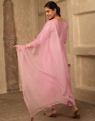 Pink hand embroidered  a line silk suit 3