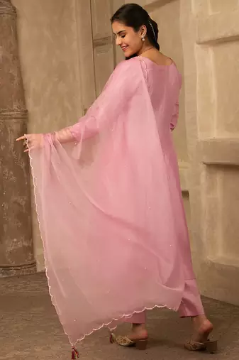 Pink hand embroidered  a line silk suit
