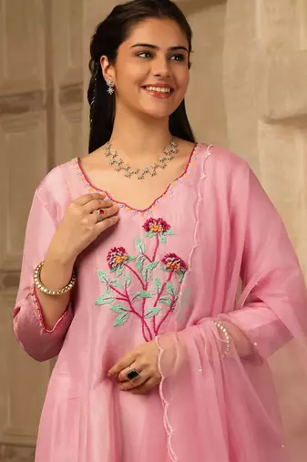 Pink hand embroidered  a line silk suit