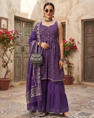 Purple floral printed cotton kurta set 1