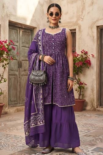 Purple floral printed cotton kurta set
