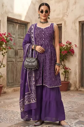 Purple floral printed cotton kurta set