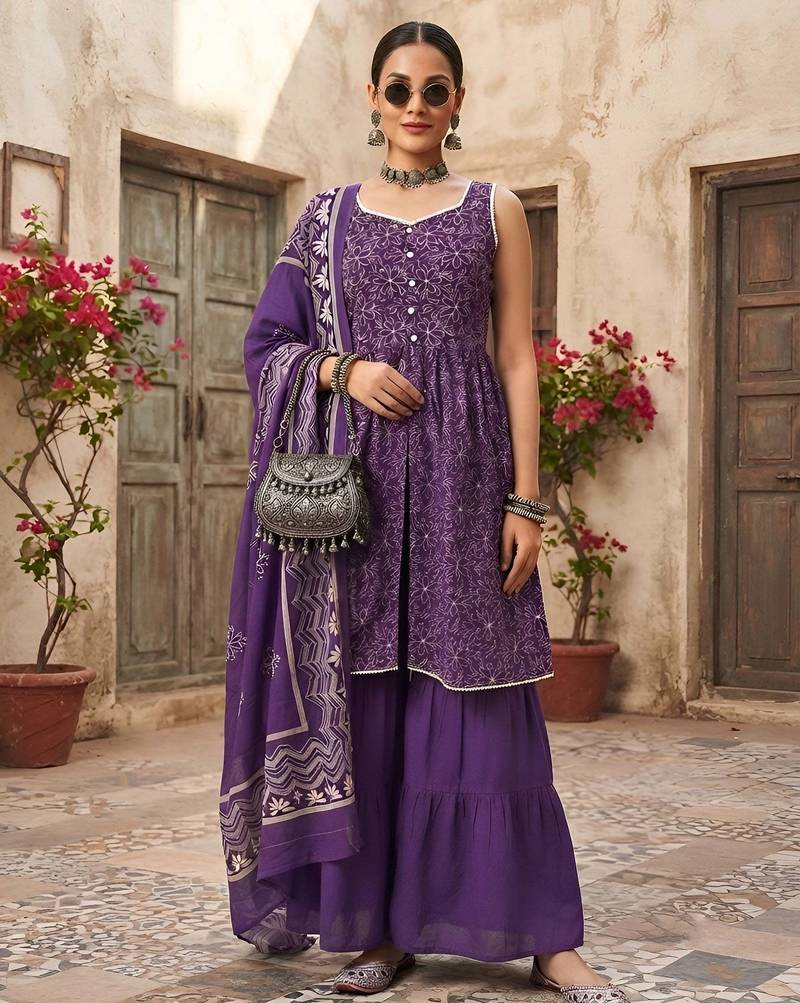 Purple floral printed cotton kurta set