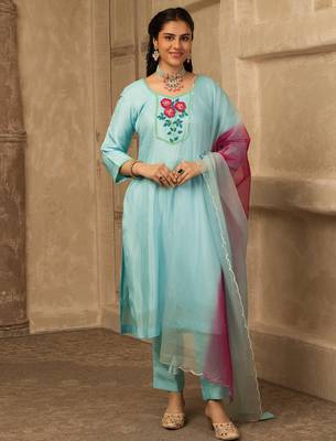 Pastel blue hand embroidered  silk suit 1