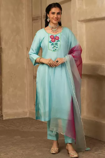 Pastel blue hand embroidered  silk suit