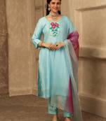 Pastel blue hand embroidered  silk suit