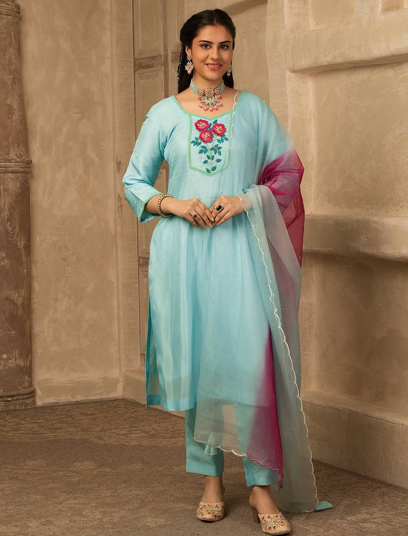 Pastel blue hand embroidered  silk suit