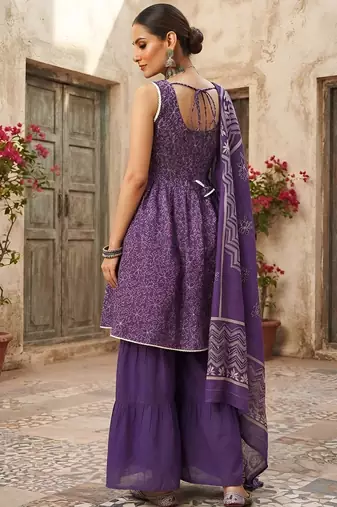 Purple floral printed cotton kurta set